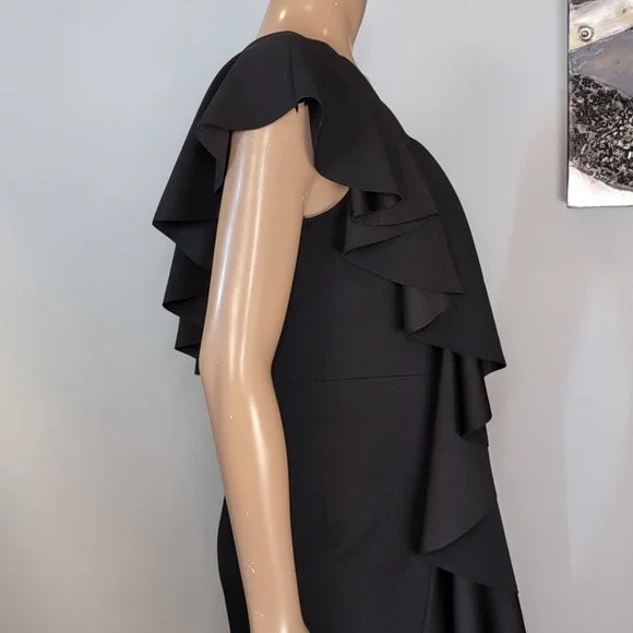 Bailey Ruffle V-Neck Sheath Dress Draped Asymmetric Black Womens Size Medium - Picture 9 of 14